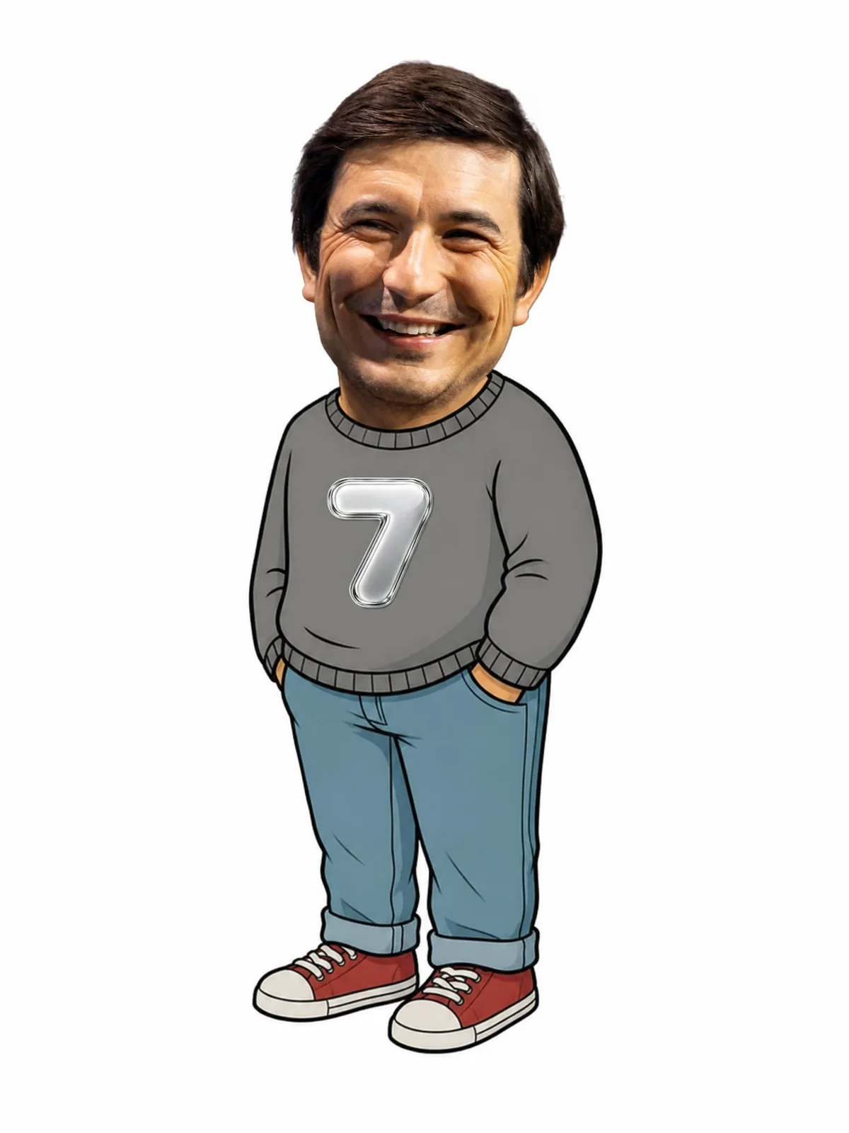 Chill guy meme. Grey sweater with the chrome 7 on it.