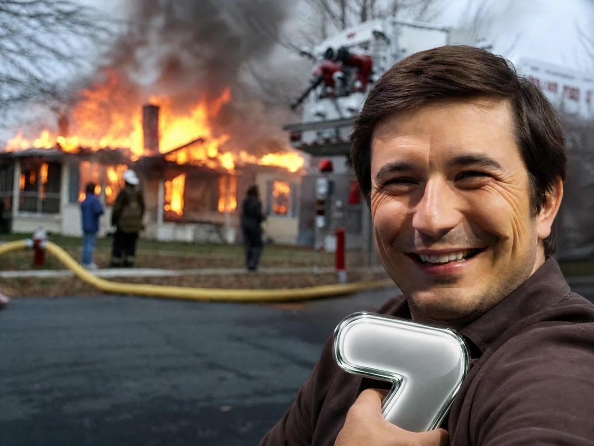 Disaster girl meme. Smirking in front of a burning house with the chrome 7.
